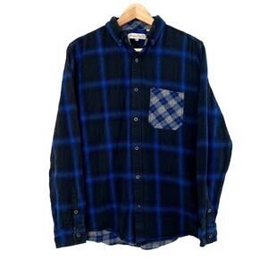 Sovereign Code Black and Blue Toned Mixed Plaid Flannel Button Up - Medium